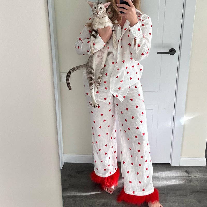 BLANC Ensemble de pyjama à imprimé cœur avec garniture en plumes en vente sur Faire12
