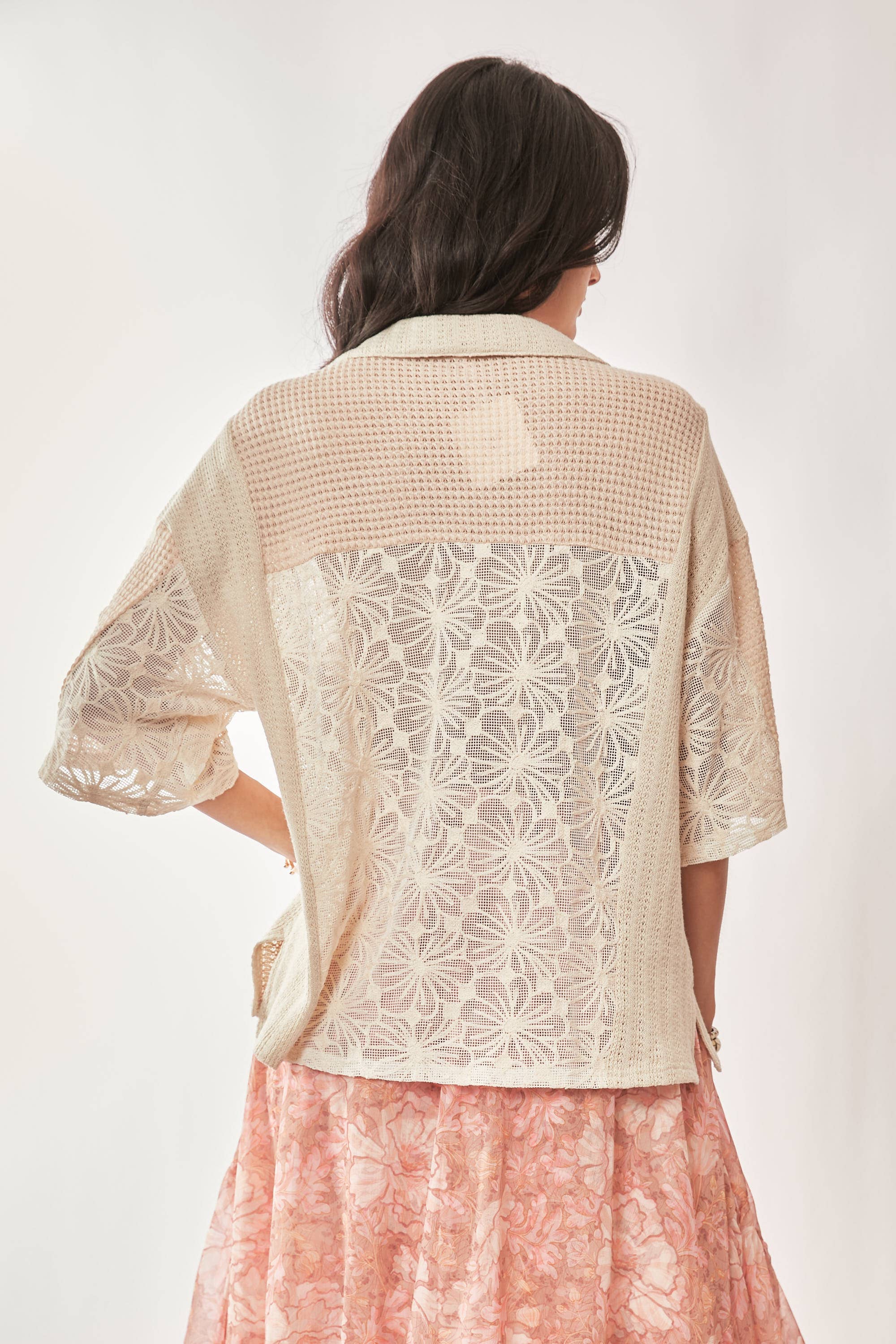 Cream Beige PLUS LACE MIXTURE COLLAR NECK SHORT SLEEVE TOP for wholesale on Faire3