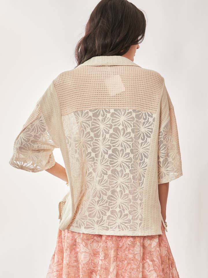 Cream Beige PLUS LACE MIXTURE COLLAR NECK SHORT SLEEVE TOP for wholesale on Faire3