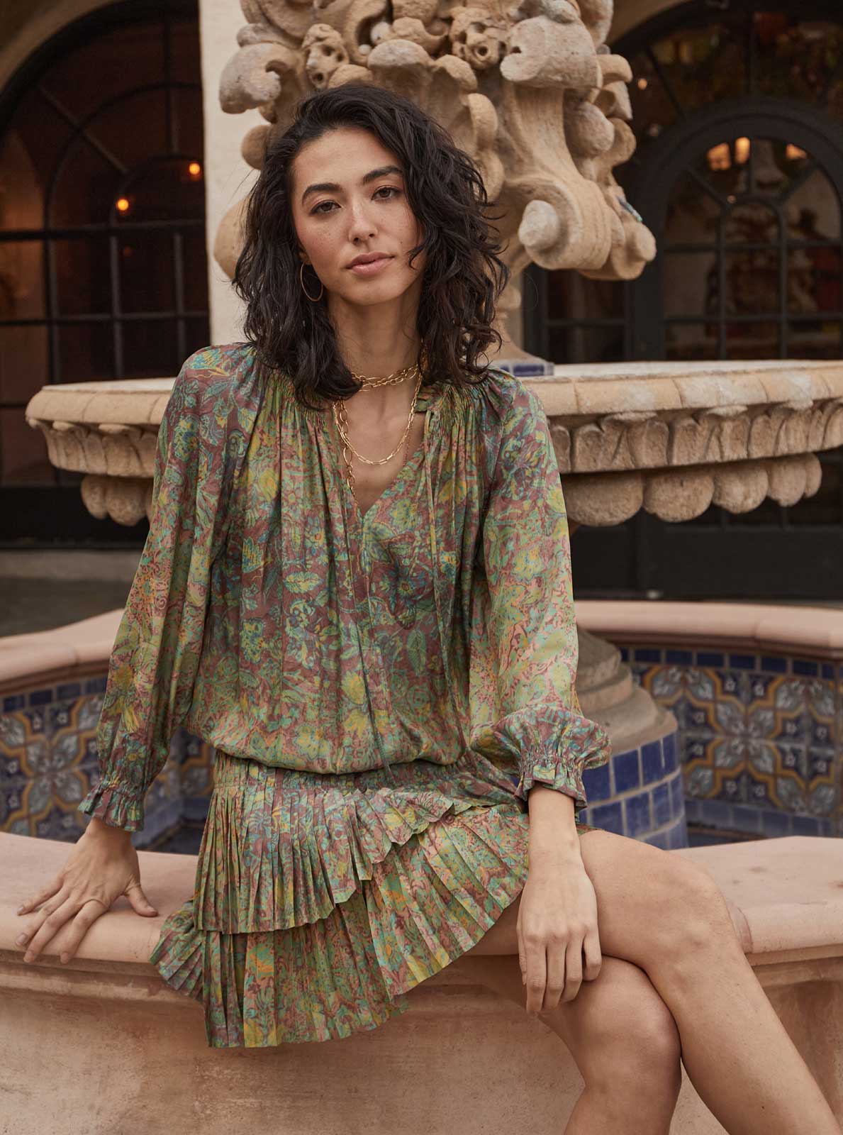 Green Floral Andrea Abstract Pleated Mini Dress for wholesale on Faire