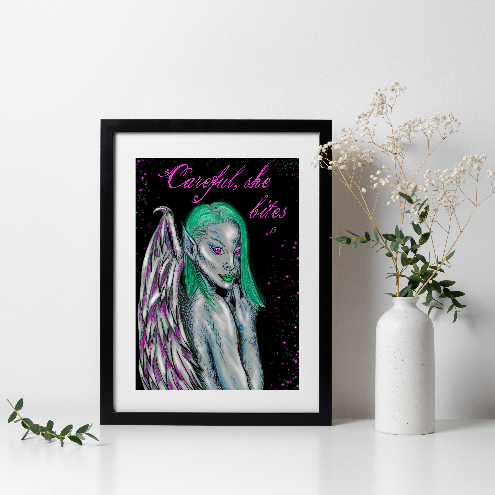 Hannah Kate Makes - Wholesale Art Print - Dark Angel Art Print - Careful She Bites - A5/A4  Pink/Green17
