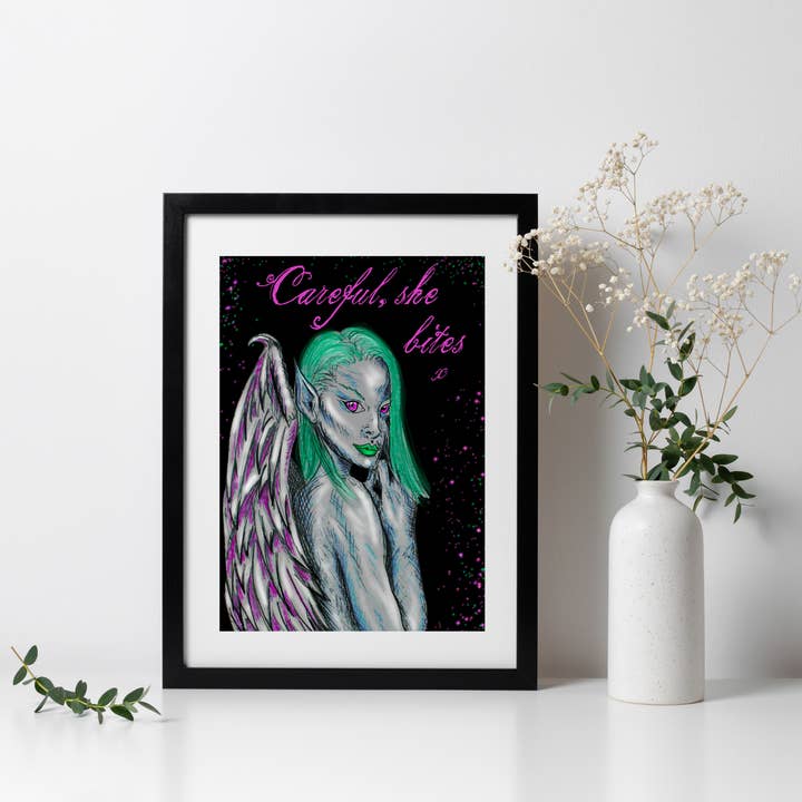 Hannah Kate Makes - Wholesale Art Print - Dark Angel Art Print - Careful She Bites - A5/A4 Pink/Green17