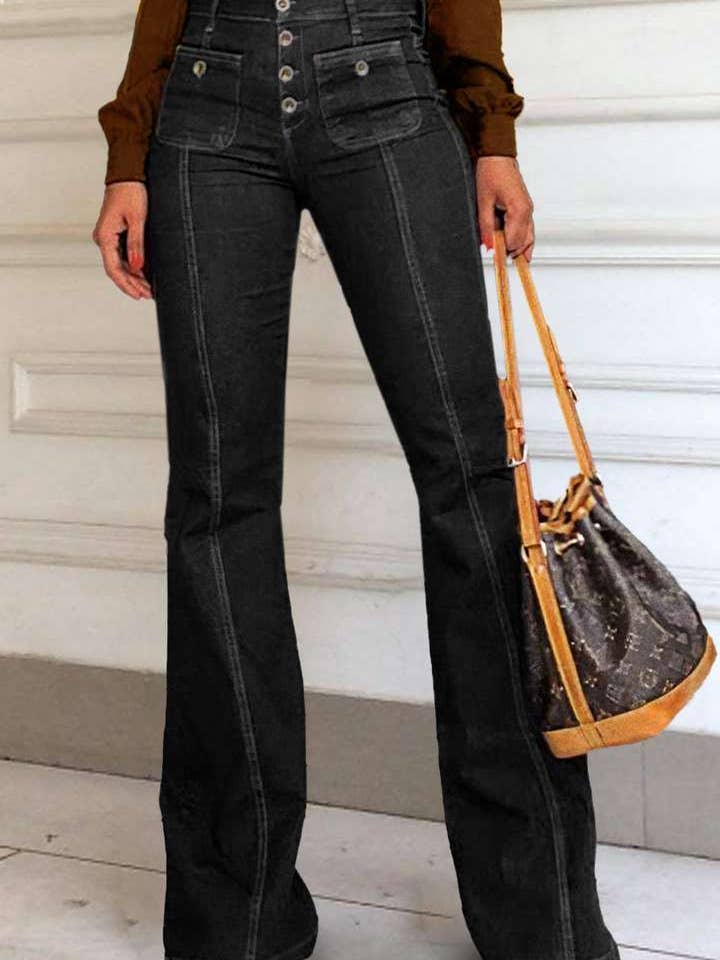 midi washed fly button high rise flare indigo jean for wholesale on Faire