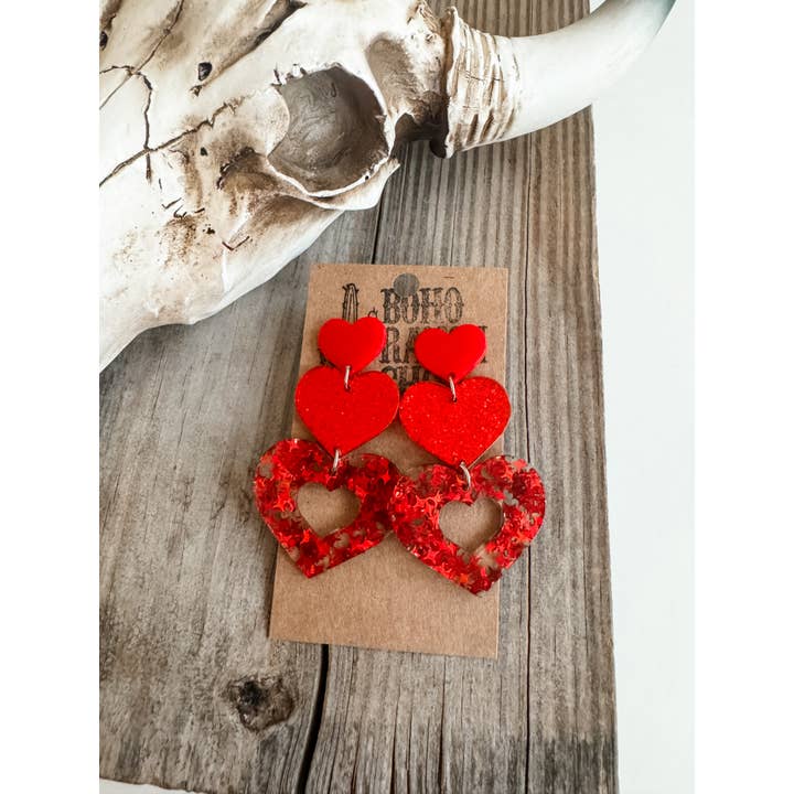Boho Ranch Shop - Vendita all'ingrosso Orecchini a bottone - Orecchini a Cuore Rosso Impilati - San Valentino - Amore