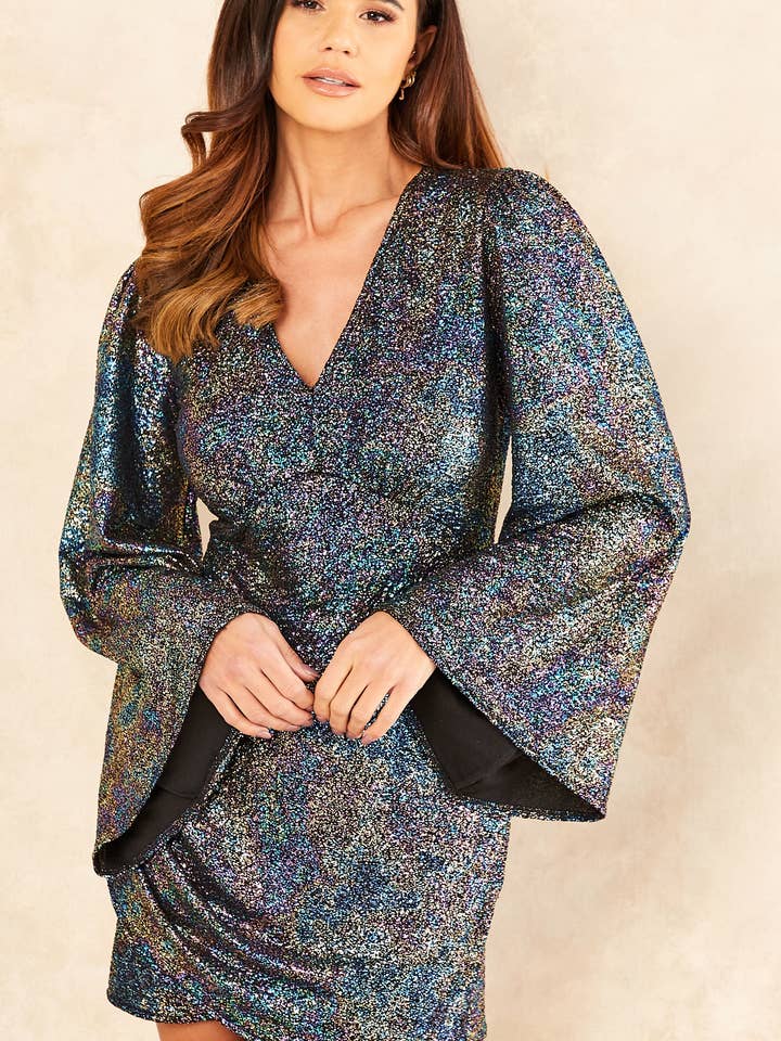 Faux Wrap Flared Sleeve Mini Dress in Black Foil Sparkle | Sidney for wholesale by Chekani