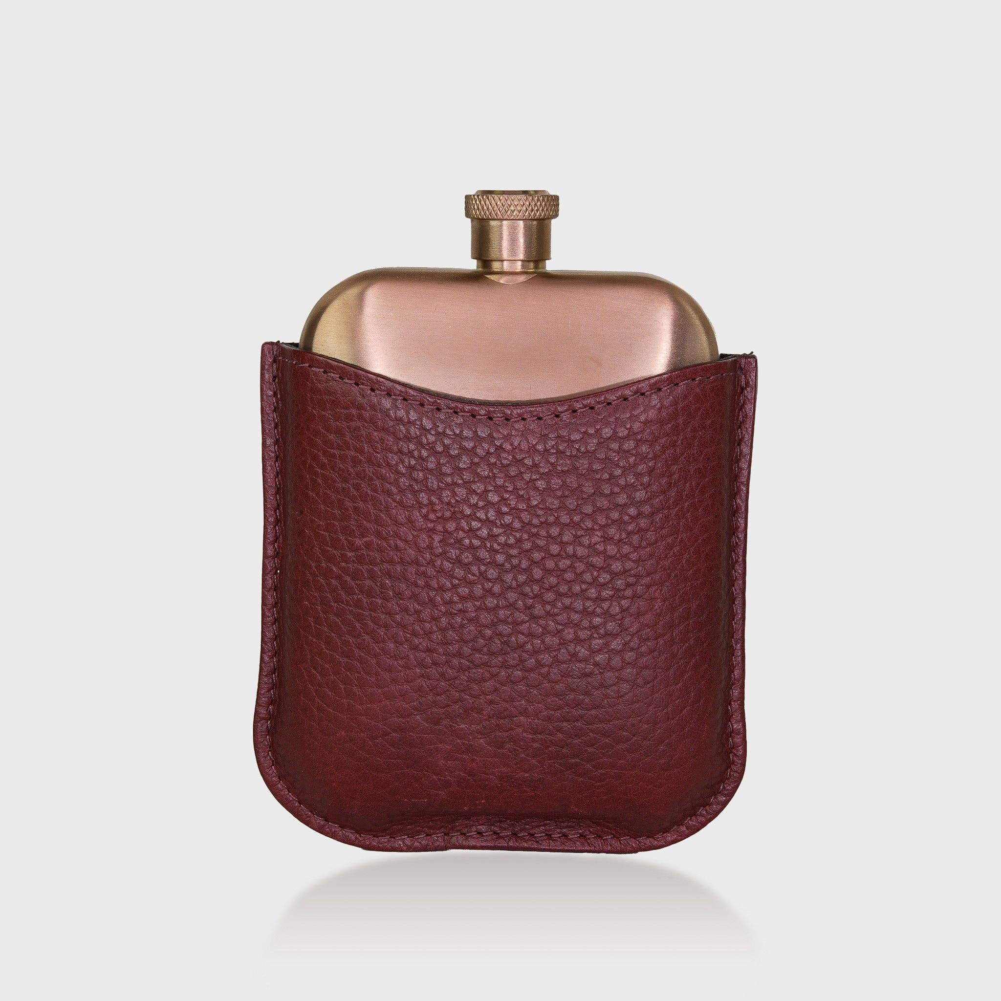 Acorn and Hide - Wholesale Flask - Copper Hip Flask With Pebble Grain Leather Sleeve - Cherry0