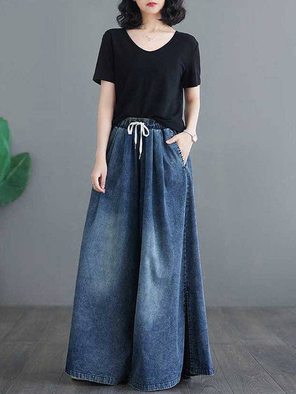 BLUE Loose Wide Leg Drawstring Split-Side Jean Pants Bottoms Trousers for wholesale on Faire4