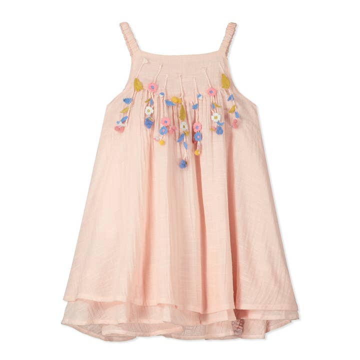 Trapeze dress in pink with applique flowers for wholesale by Poppet & Fox