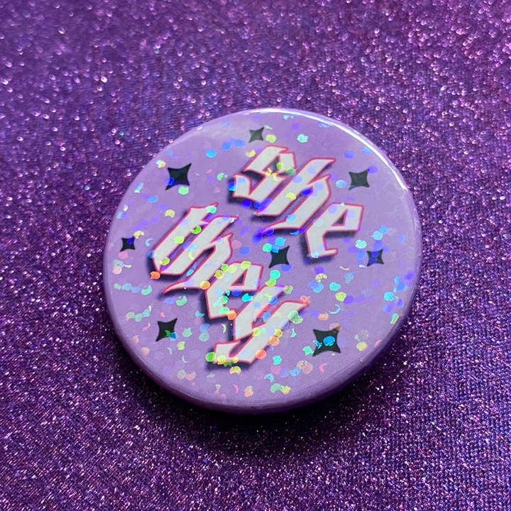 Magical Meow - Wholesale Lapel Pin/Button - She/They Pronoun Holographic Pin Badge2