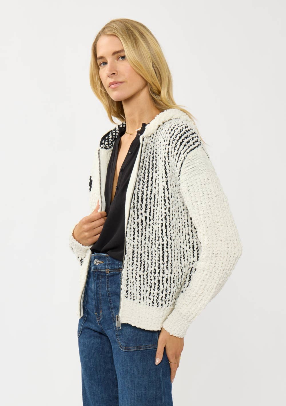 CREAM BLACK Color Block Popcorn Knit Sweater Jacket for wholesale on Faire1