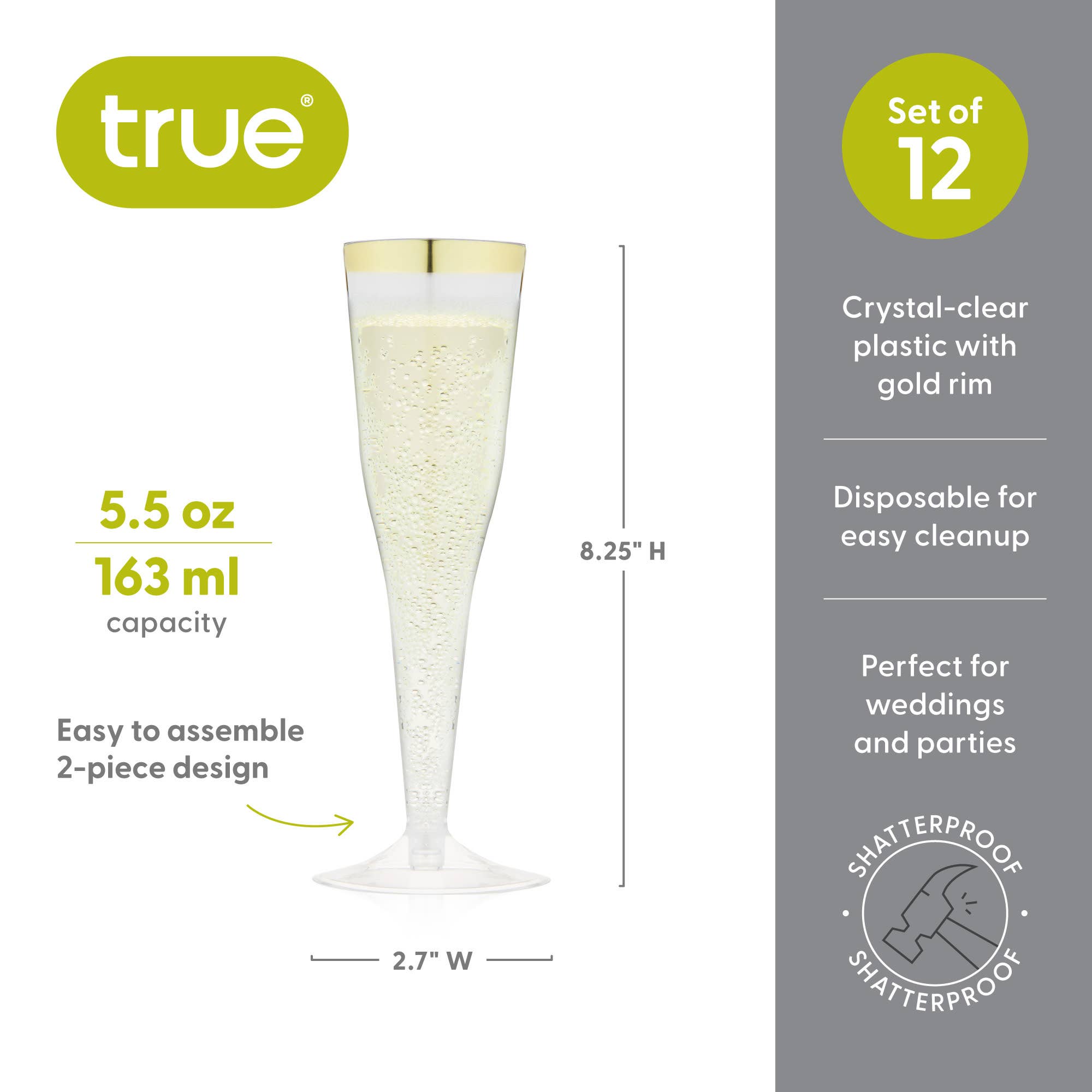TRUE - Wholesale Champagne Flute - Party Disposable Champagne Flutes Pack of 12 ASST COLORS6