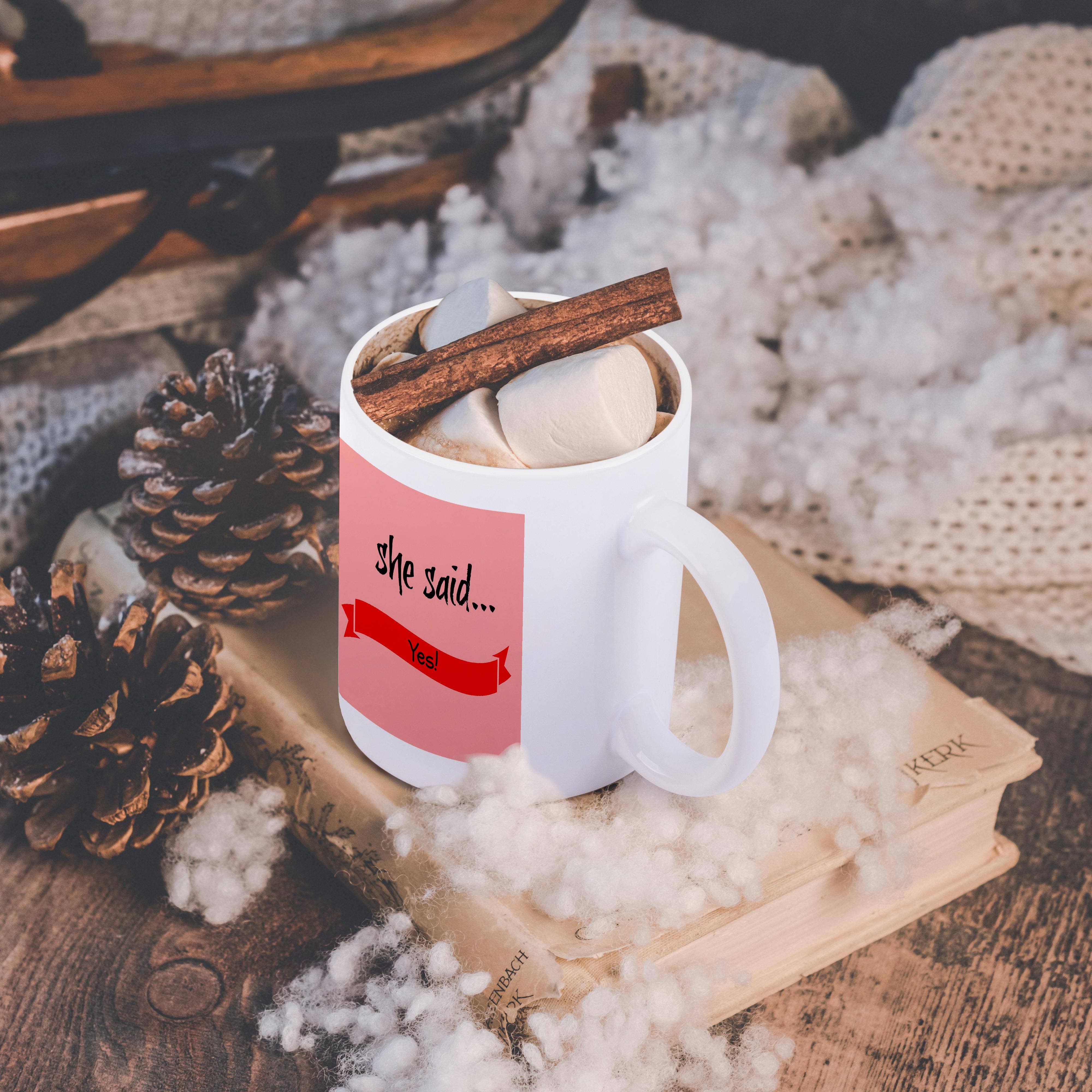 3dRose - Wholesale Coffee Mug - 3dRose, she said yes, black lettering on red ribbon, pink background, Mug11