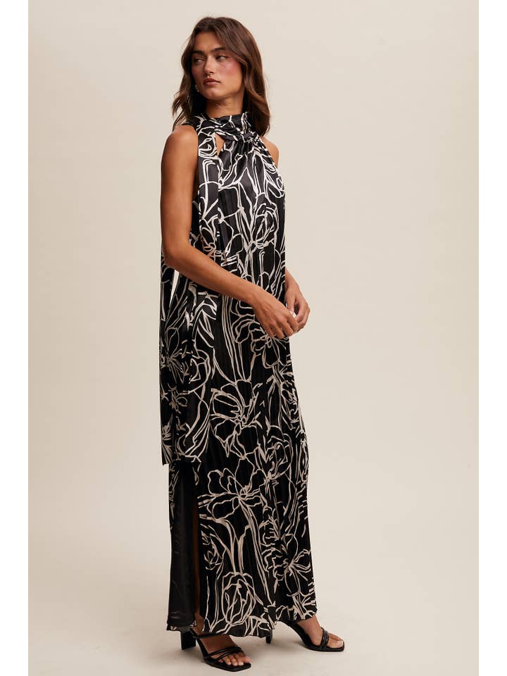 Listicle - Wholesale Dress – Women's - Pleated Floral Halter Satin Maxi Dress7