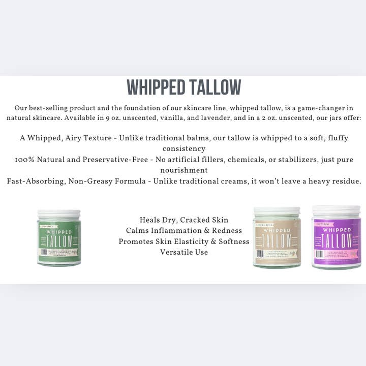 Lady May Tallow - Wholesale Body Balm/Butter - 2oz Vanilla Whipped Tallow Moisturizer