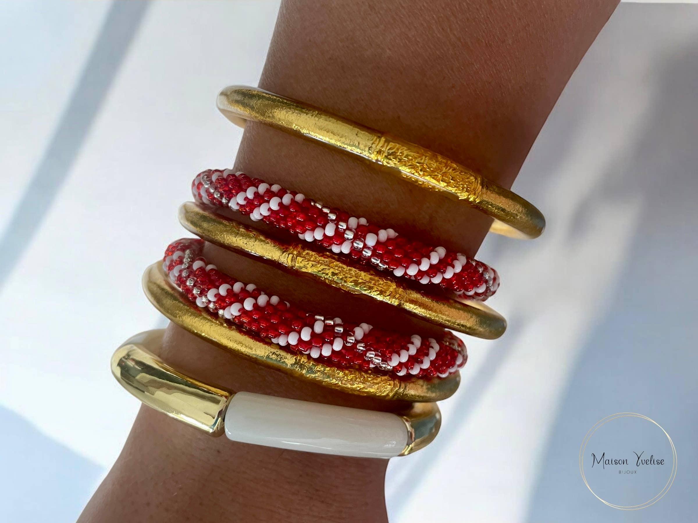 Maison Yvelise - Wholesale Beaded Bracelet - Nepali Red White and Silver Bracelet2