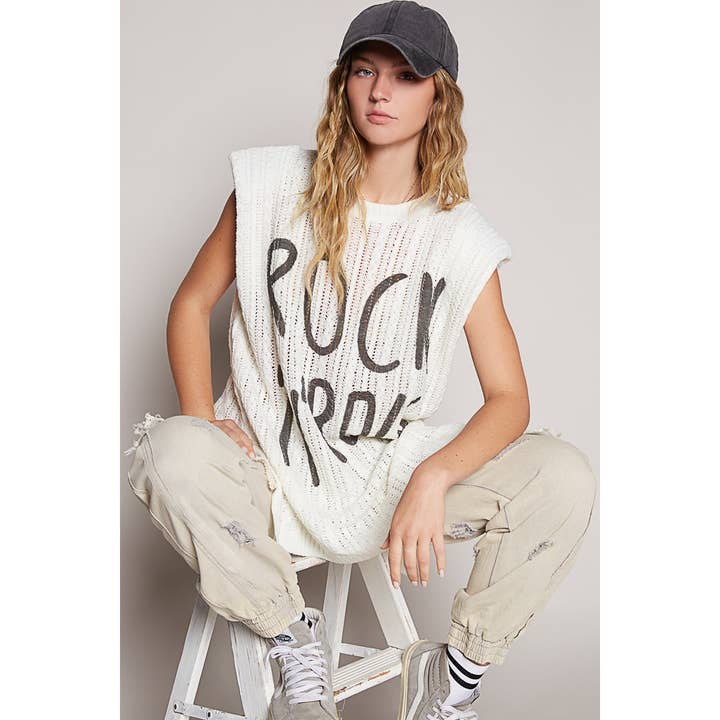 Pol Clothing - Wholesale Knit Sweater - Women's - Graphic lettering round sleeveless top