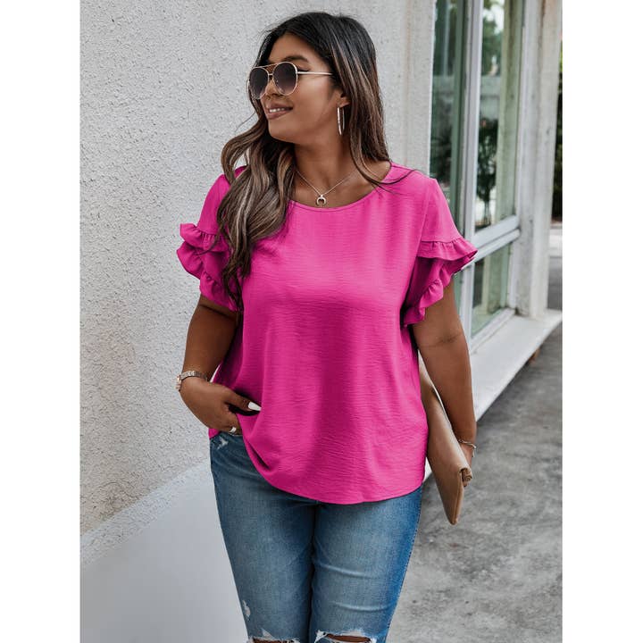 FUCHSIA Plus Size Round Neck Ruffle Solid Loose Shirt for wholesale on Faire