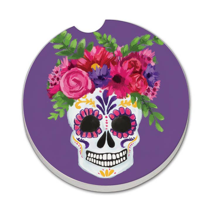"Skull Flowers" Stone Car Coaster  BULK NO PACKAGING for wholesale by CounterArt/Highland Home/Thirstystone/CoasterStone