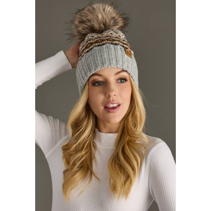 Panache Apparel Co. - Wholesale Beanie - Women's - Gray, Camel & Black Patterned Pom Hat1