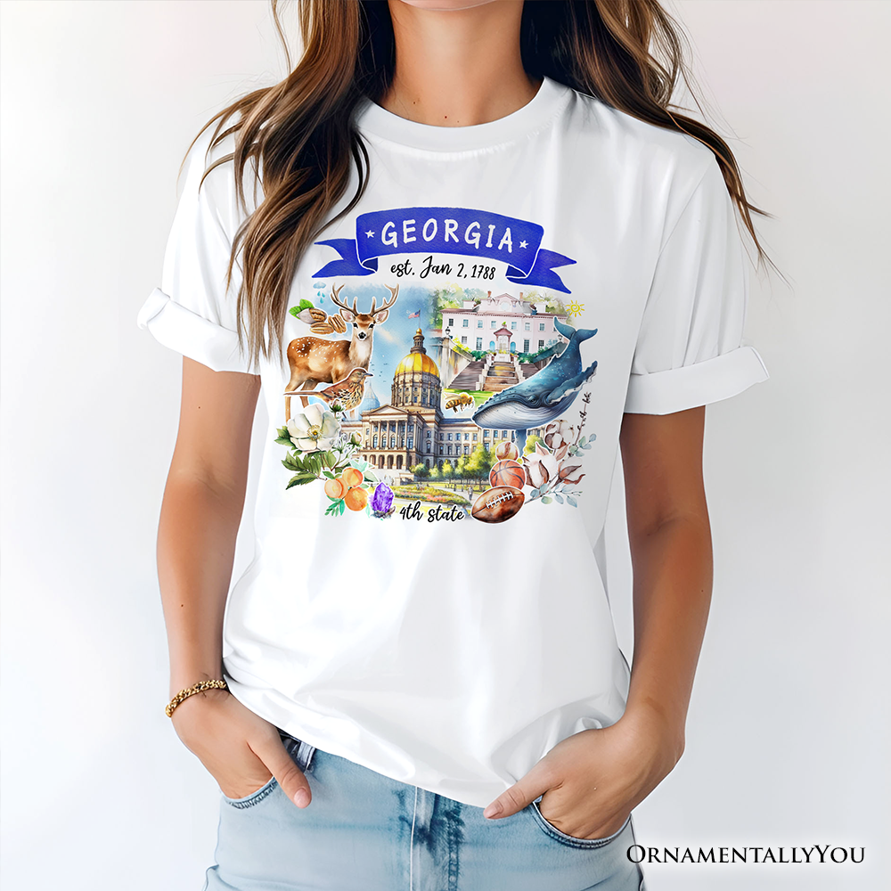 White Artistic Georgia State Themes and Landmarks T-Shirt for wholesale on Faire5