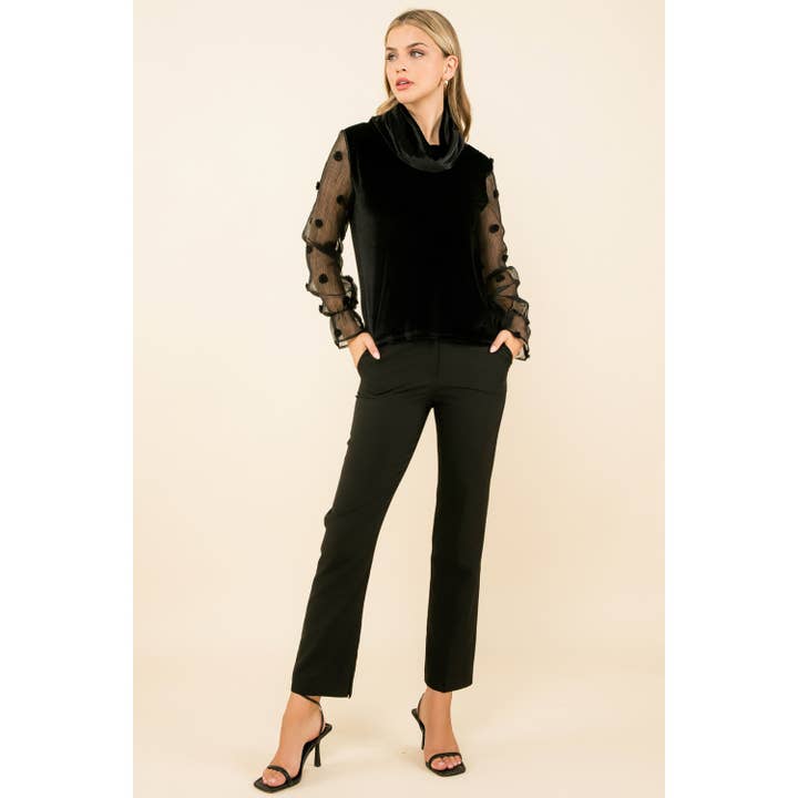 BLACK Velvet Turtleneck Mesh Sleeve Top for wholesale on Faire
