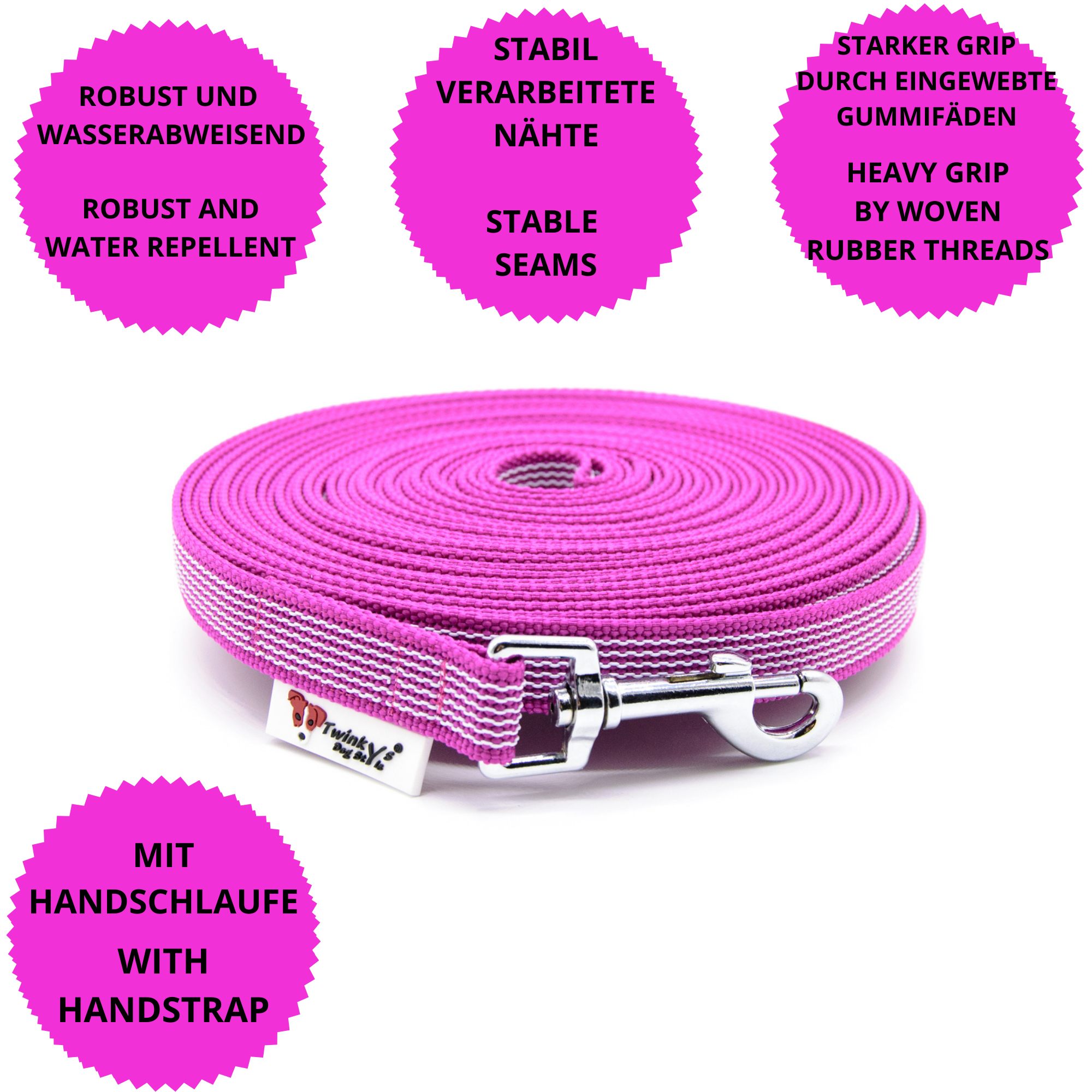 Twinkys Dog Style - Vente Laisse – chien - Laisse de traîne en caoutchouc 20 mm Rose5