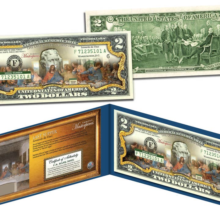 Banconota da due dollari autentica della collezione Last Supper Masterpiece di Leonardo Da Vinci, ottimo regalo di Pasqua per la vendita all'ingrosso da parte di The Merrick Mint