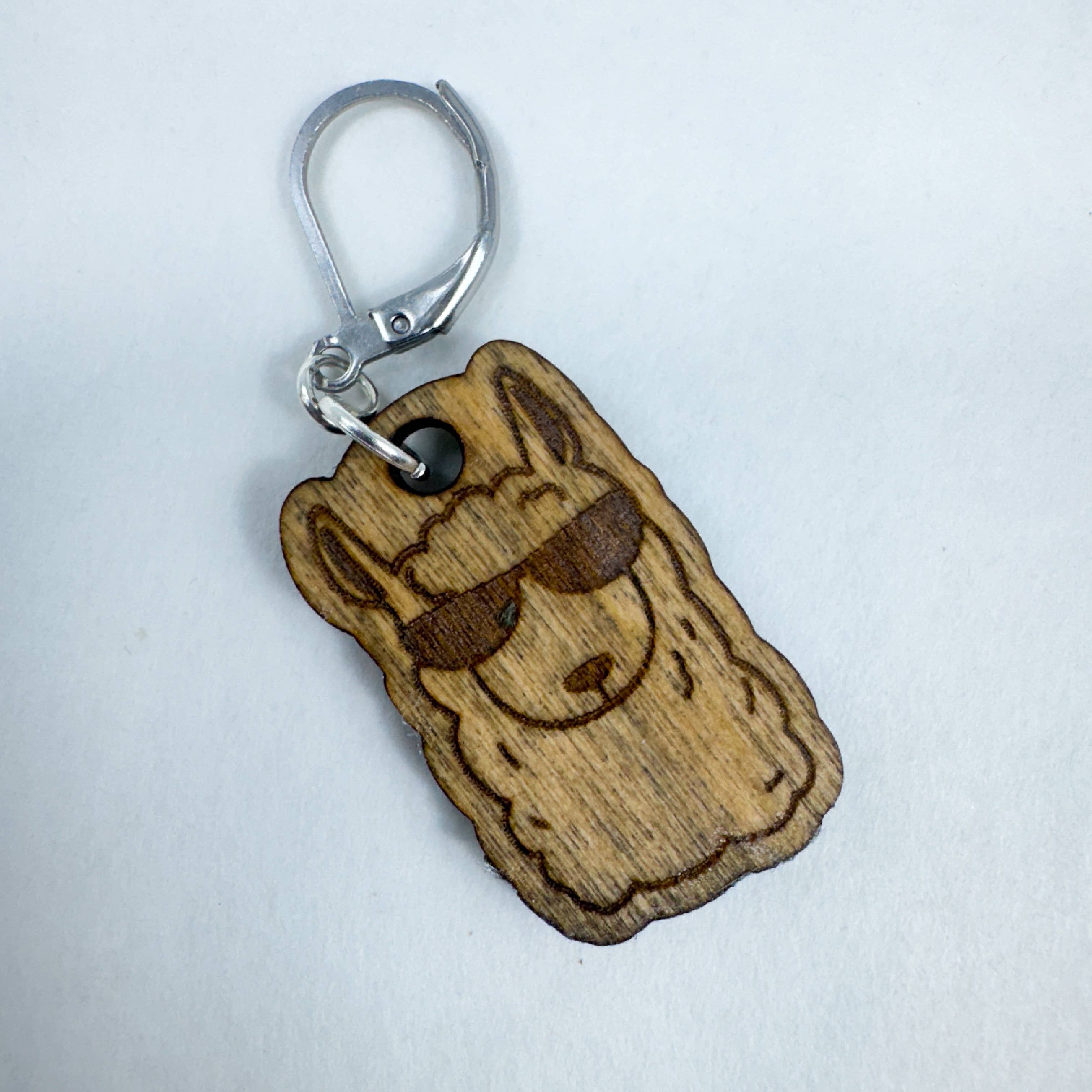 Art by Erica H & Rebel Stitchers - Wholesale Knitting/Crochet Supplies - Handmade Wooden Alpaca Wearing Sunglasses Stitch Marker1