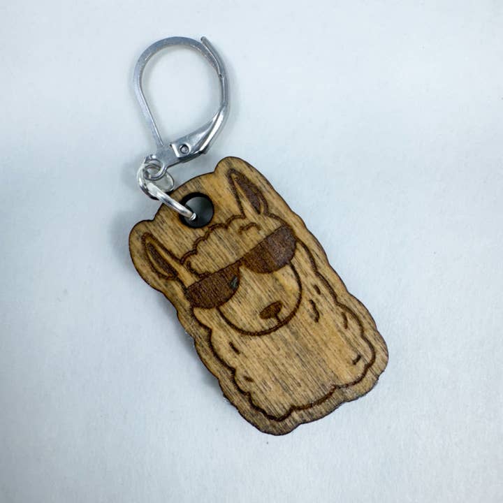 Art by Erica H & Rebel Stitchers - Wholesale Knitting/Crochet Supplies - Handmade Wooden Alpaca Wearing Sunglasses Stitch Marker1