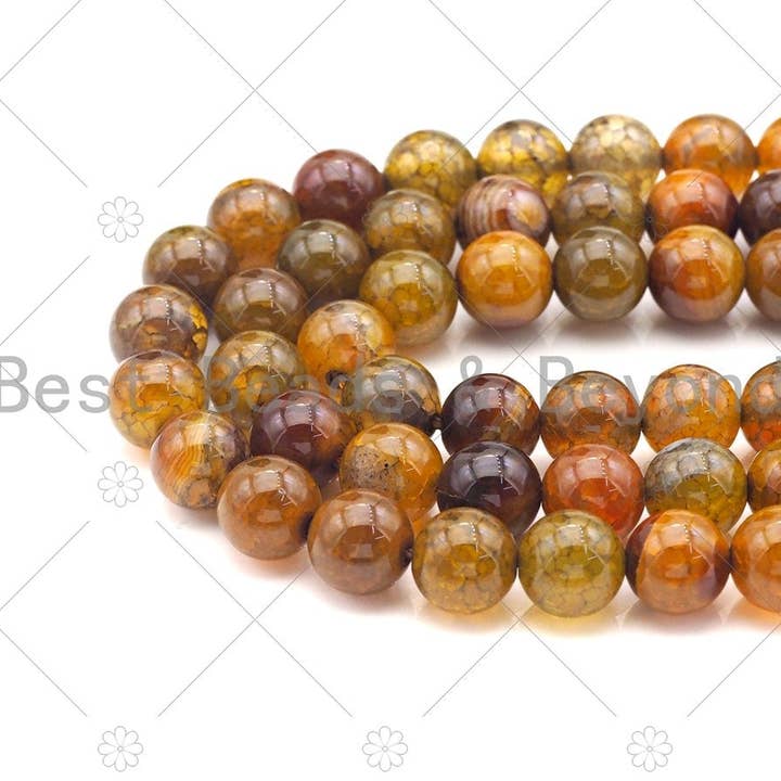 BestBeads&Beyond - Wholesale Beads - High Quality Amber Fire Agate Beads, Dragon Vein Agate, 6mm/8mm/10mm/12mm Round Smooth Amber Fire Agate Beads, 15.5" Full Strand, Sku#UA1892