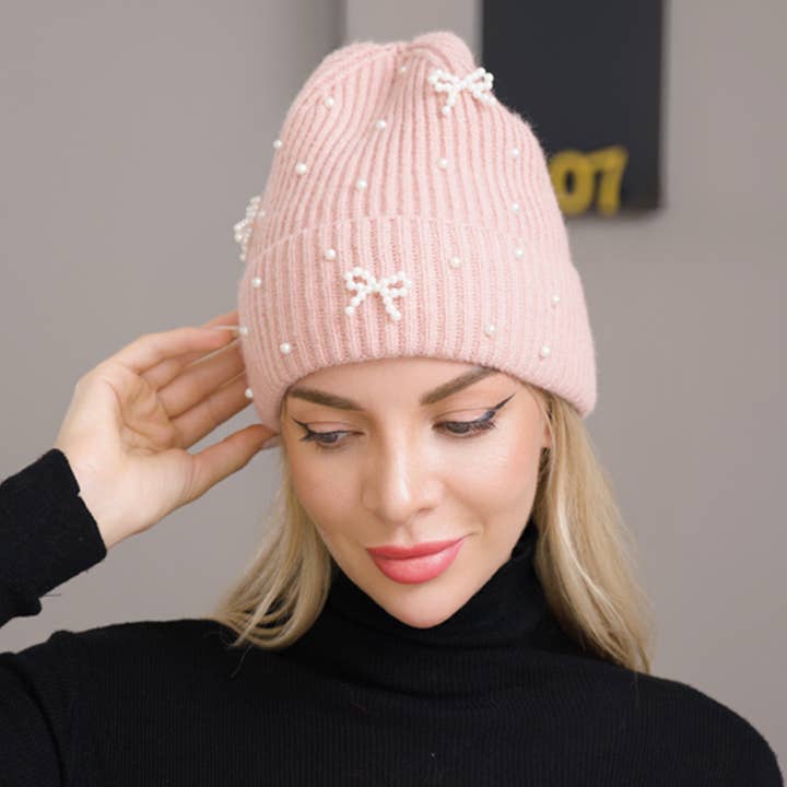 JOIA ACCESSORIES - Wholesale Beanie - Women's - PEARL BOW ACCENT KNIT BEANIE HAT, H 35081