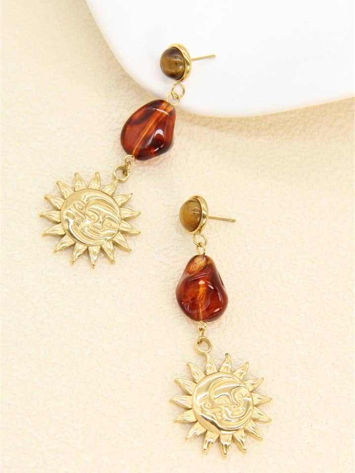 Amber effect resin sun earrings stainless steel for wholesale by BELLISSIMA BIJOUX