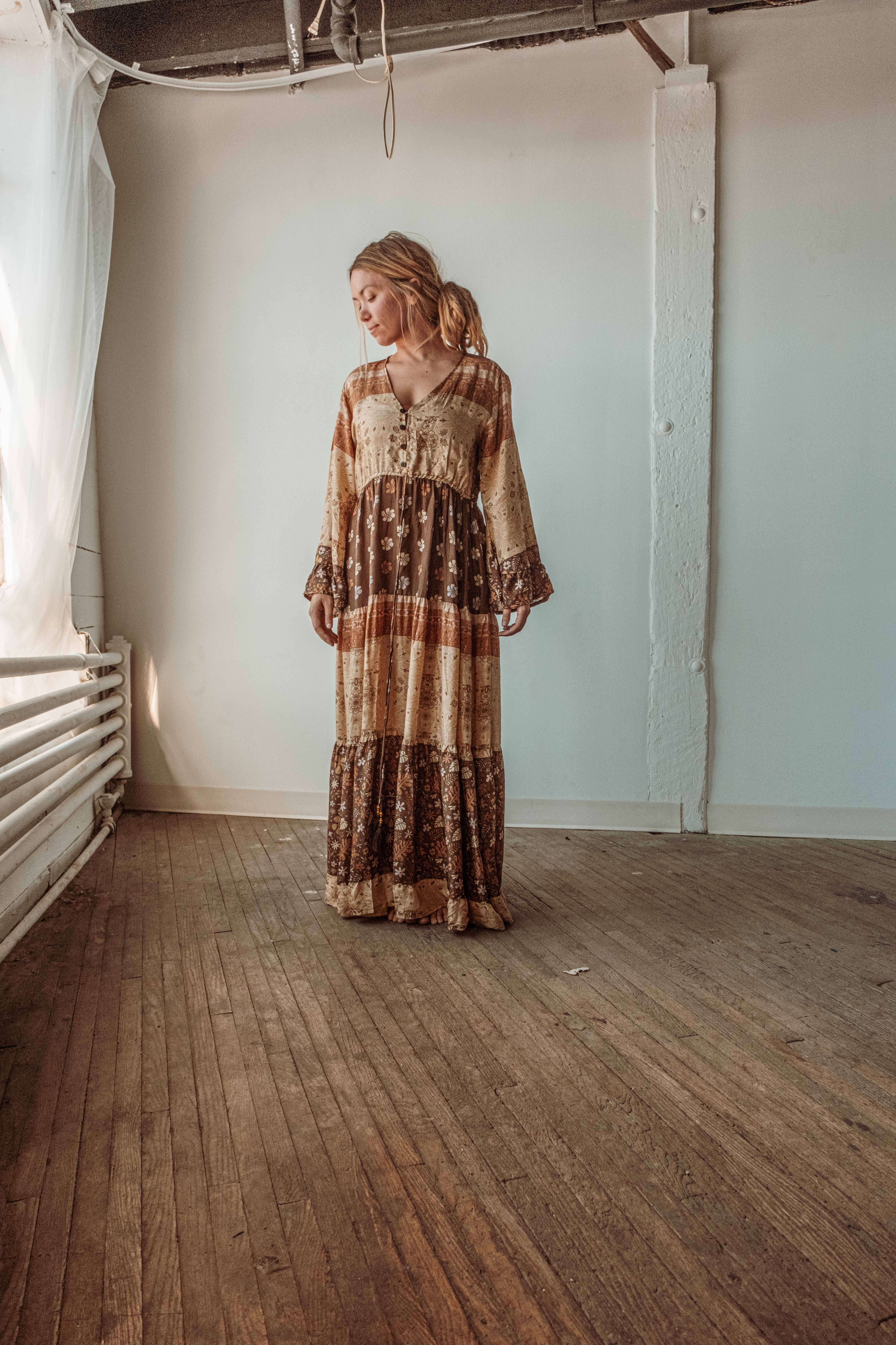 Gardenbelle Shop – wholesale Dress – Women's – Boho Hippie Maxi Dress, Earthy Solstice Bell Sleeve Dress5