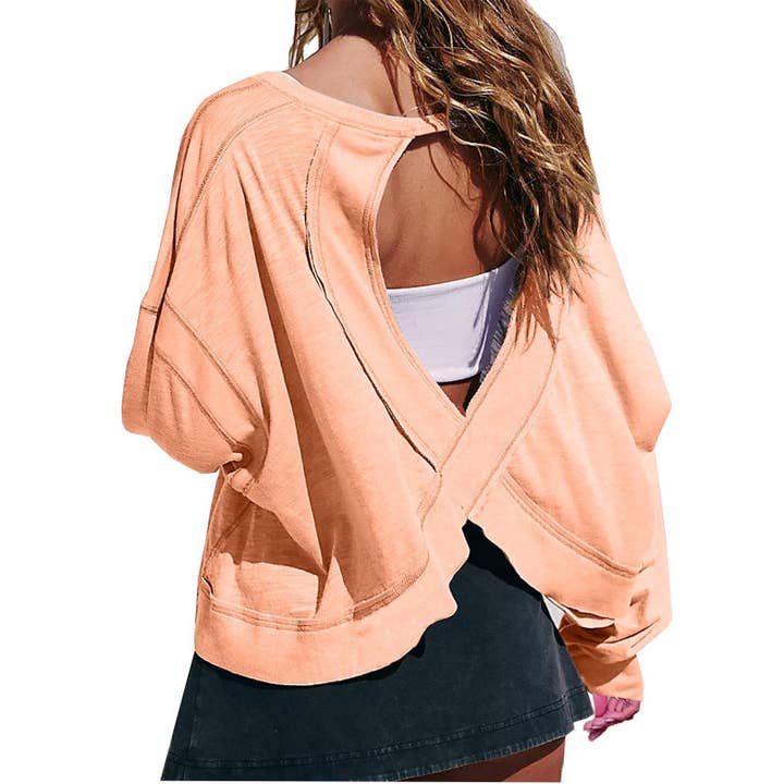 HIDDENBRAND - Wholesale T-Shirt - Women's - Slouchy wrapped cutout back workout long sleeve Tee