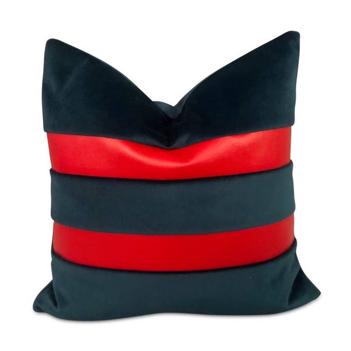 Contemporary handmade velvet blue teal pillow with two red vinyl stripes on one side 17” x 17” inches for wholesale by Magic Hill - Mercantile