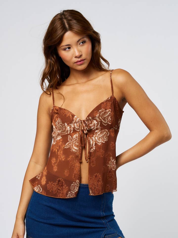 BROWN Printed Front Tie Cami for wholesale on Faire0