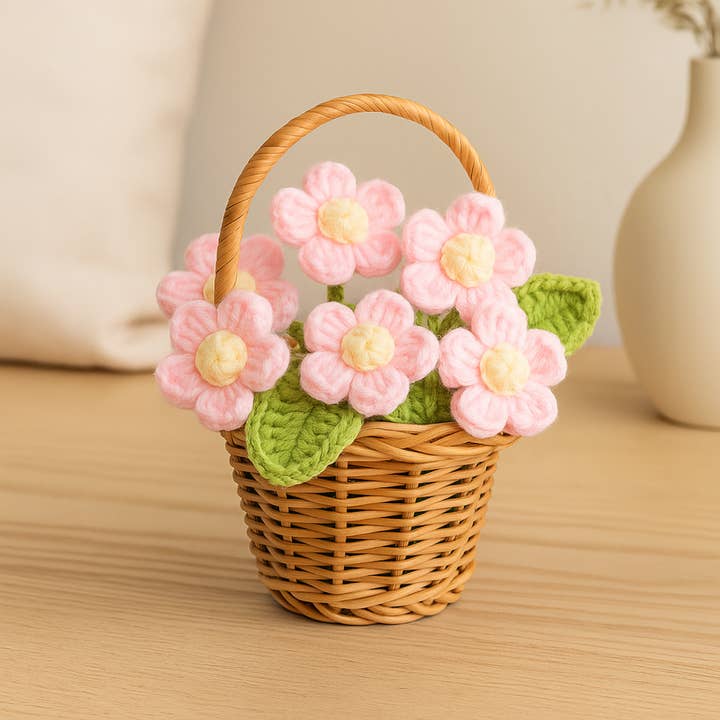 Handmade Crochet Flower Basket – Pink Yarn Flowers for wholesale by Lichi Gifts