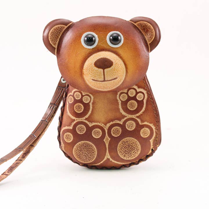 Handgjord läderbjörn handledsväska myntbörs plånbok för wholesale av Sunflower Handmade leather inc
