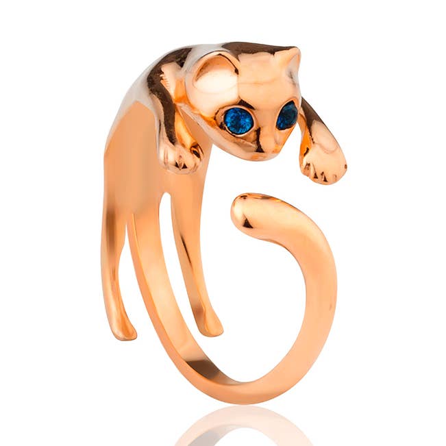 Bague en forme de chat en argent sterling 925 plaqué or rose, taille ajustable pour la vente par Azuris Silver