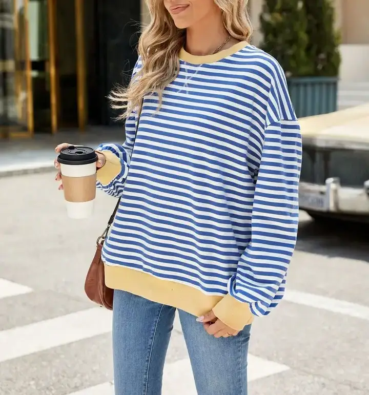 Lovesoft - Wholesale Knit Sweater - Women's - Striped Crew Neck Contrast Color Loose Long Sleeve Sweater4