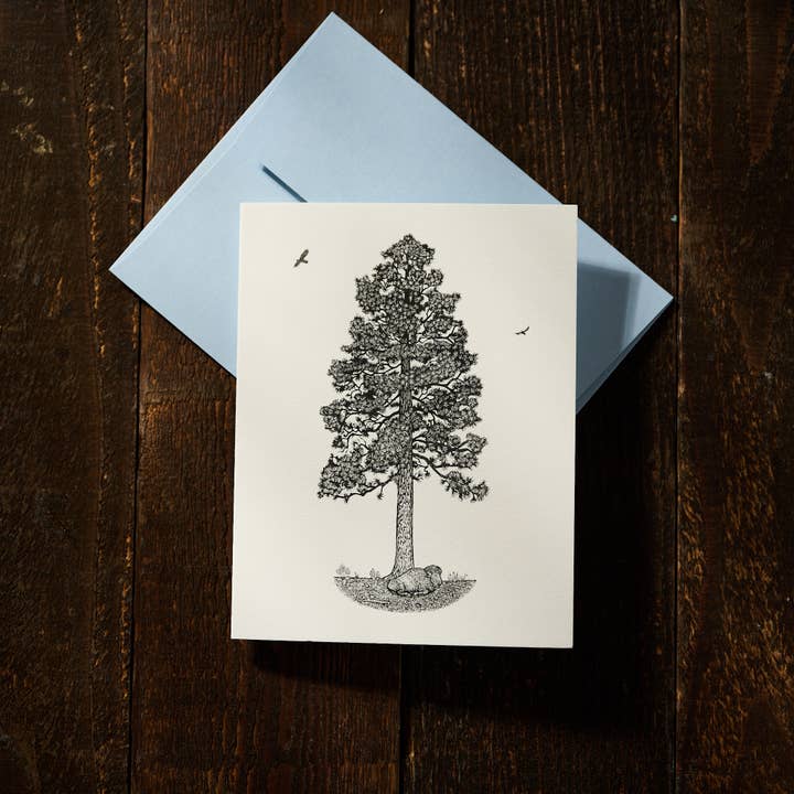 Anomal Press - Wholesale Season's Greetings Card - Big Sky ponderosa tree linocut relief print card1