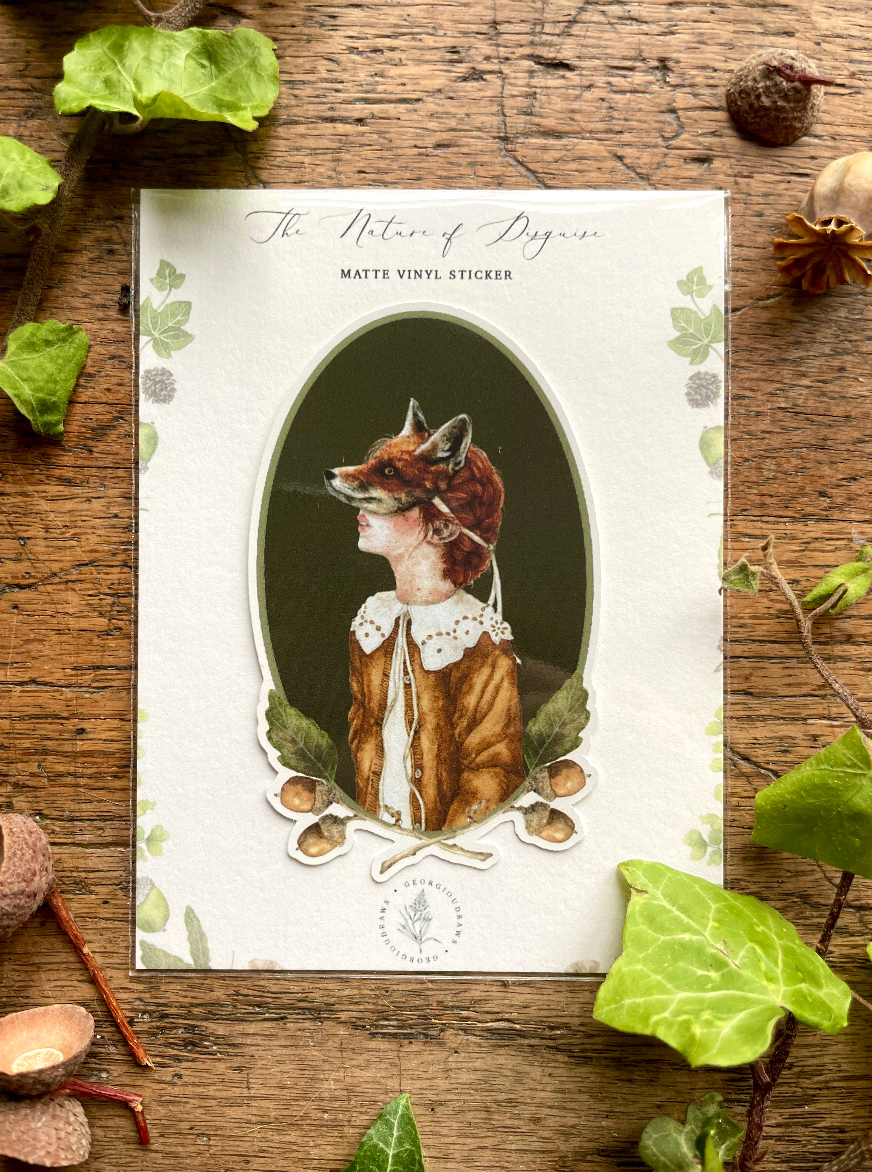 Georgiou Draws – wholesale Sticker – Girl in Fox Mask Oval Matt Vinyl Sticker | Curious Art1