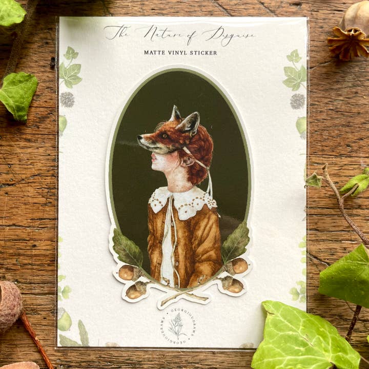 Georgiou Draws - Wholesale Sticker - Girl in Fox Mask Oval Matt Vinyl Sticker | Curious Art1