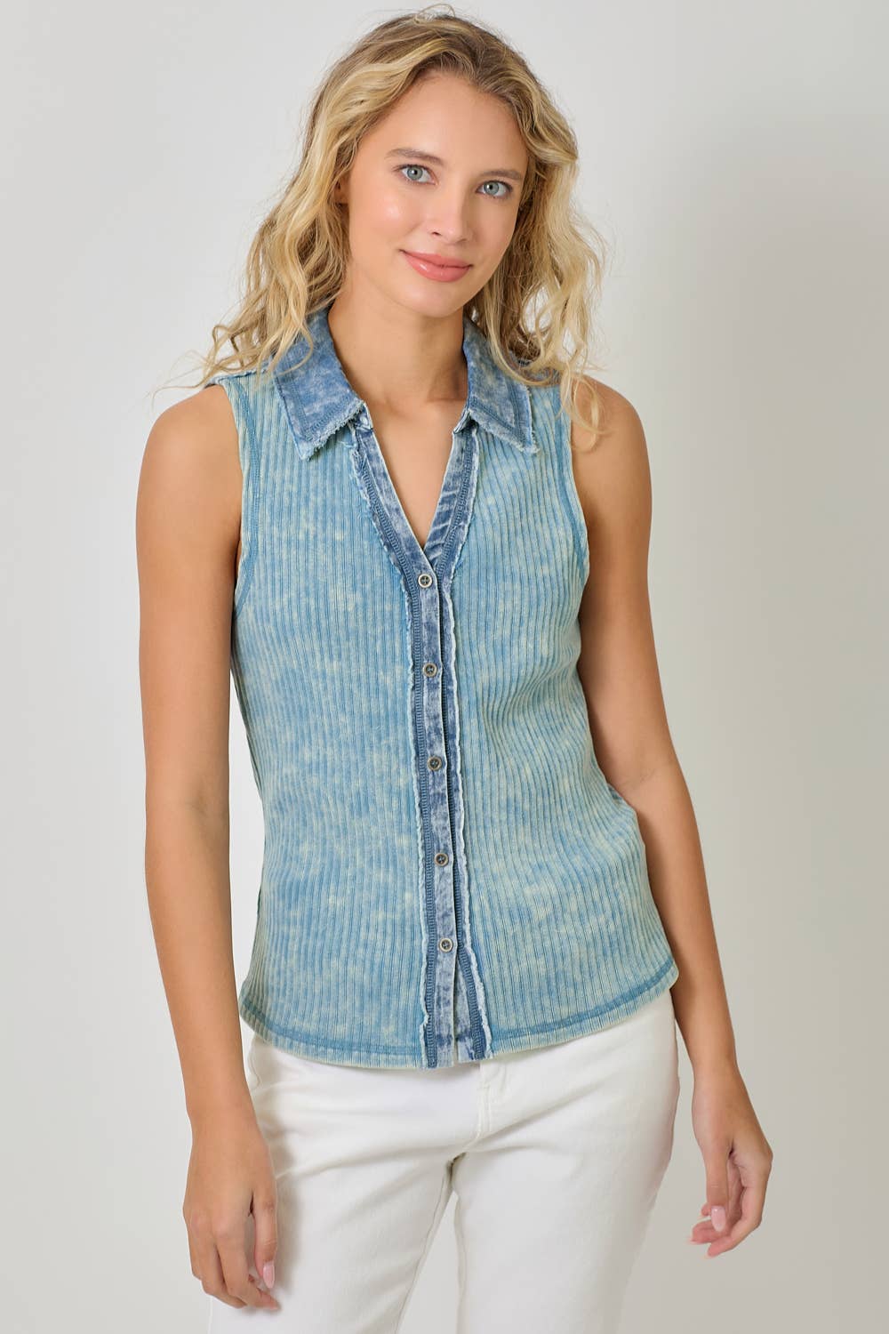 Mystree - Vente Chemise à col boutonné – femme - Haut sans manches à boutons en maille côtelée lavée 6094343