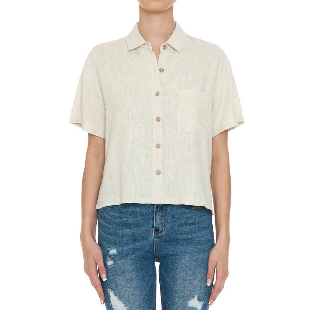 Paperdoll – wholesale Buttoned-down shirt – Women's – LINEN BLEND SHORT SLEEVE BUTTON DOWN CROP CAMP SHIRT1