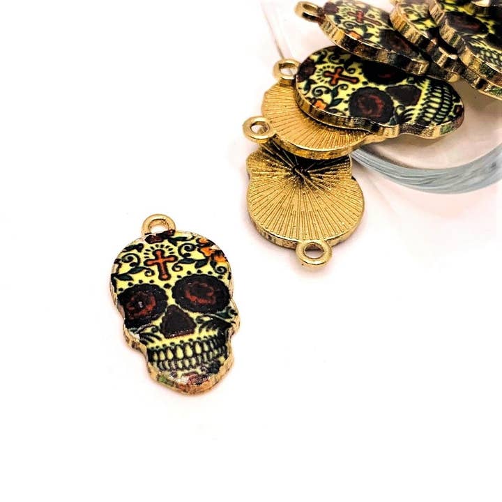 Enamel Sugar Skull Dia De Los Muertos Day or the Dead Charms, 22x12mm for wholesale by Guerrilla Charm