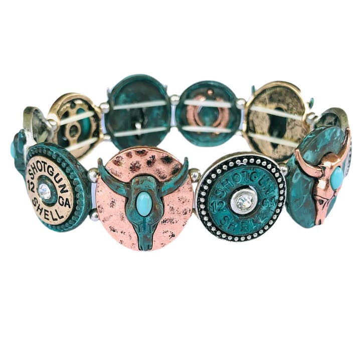 Steer Skull And Shotgun Shell Stretch Bracelet - Patina for wholesale by Wyo-Horse Jewelry