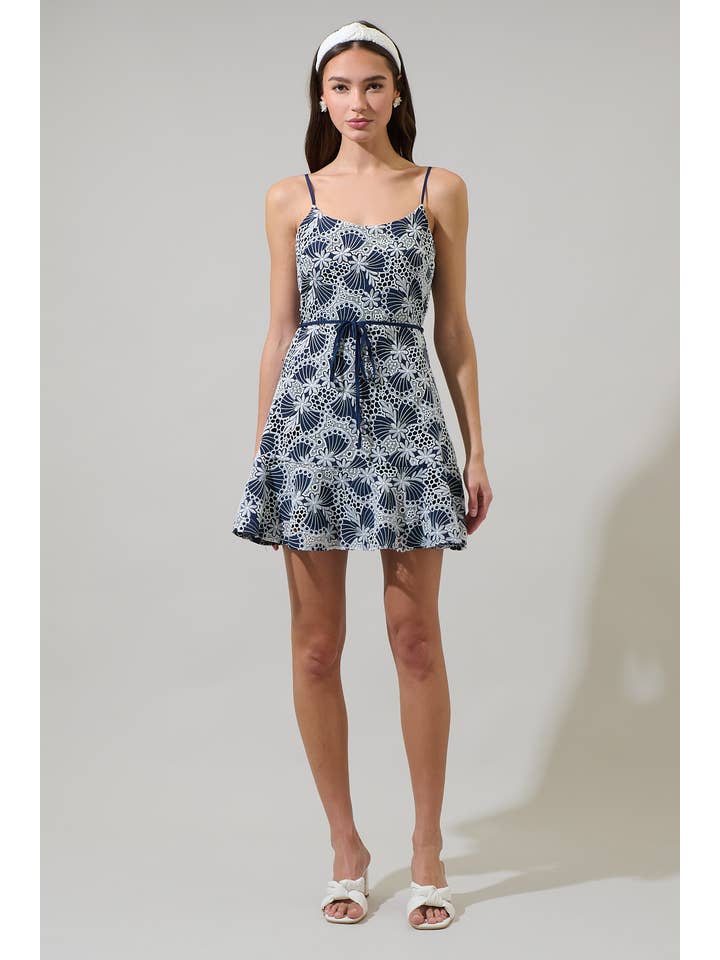 BLUE WHITE Skye Eyelet Rudy Mini Dress for wholesale on Faire