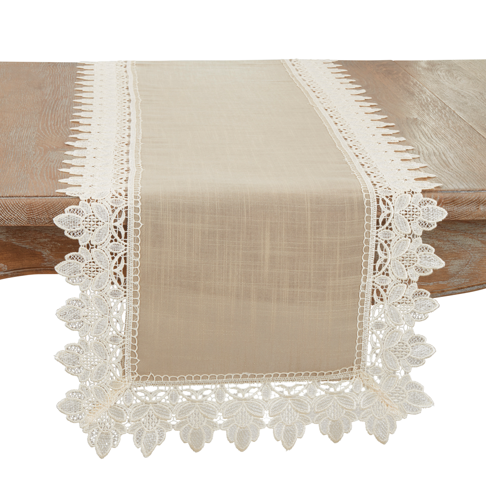 Fennco Styles – wholesale Table runner – Ivory Lace Trimmed Taupe Table Runner0