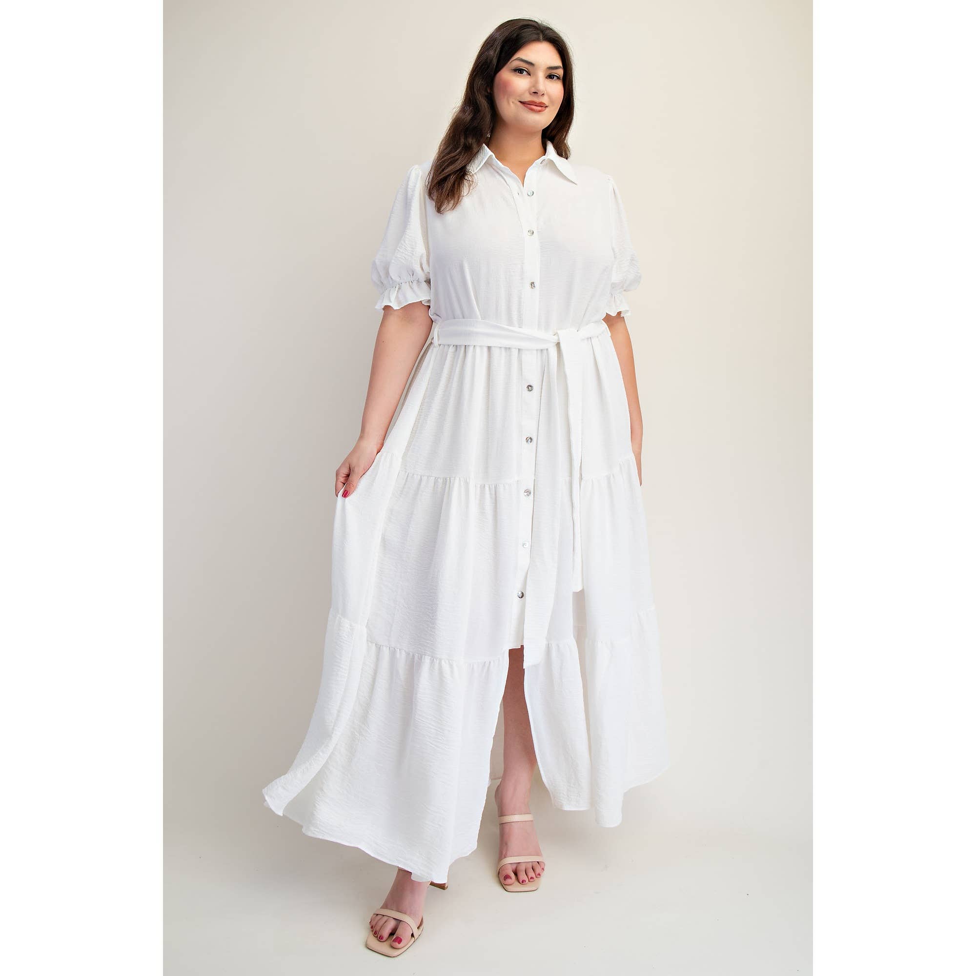 ORANGE CORAL PLUS SIZE BUTTON FRONT MAXI DRESS WITH TIERD HEM for wholesale on Faire16